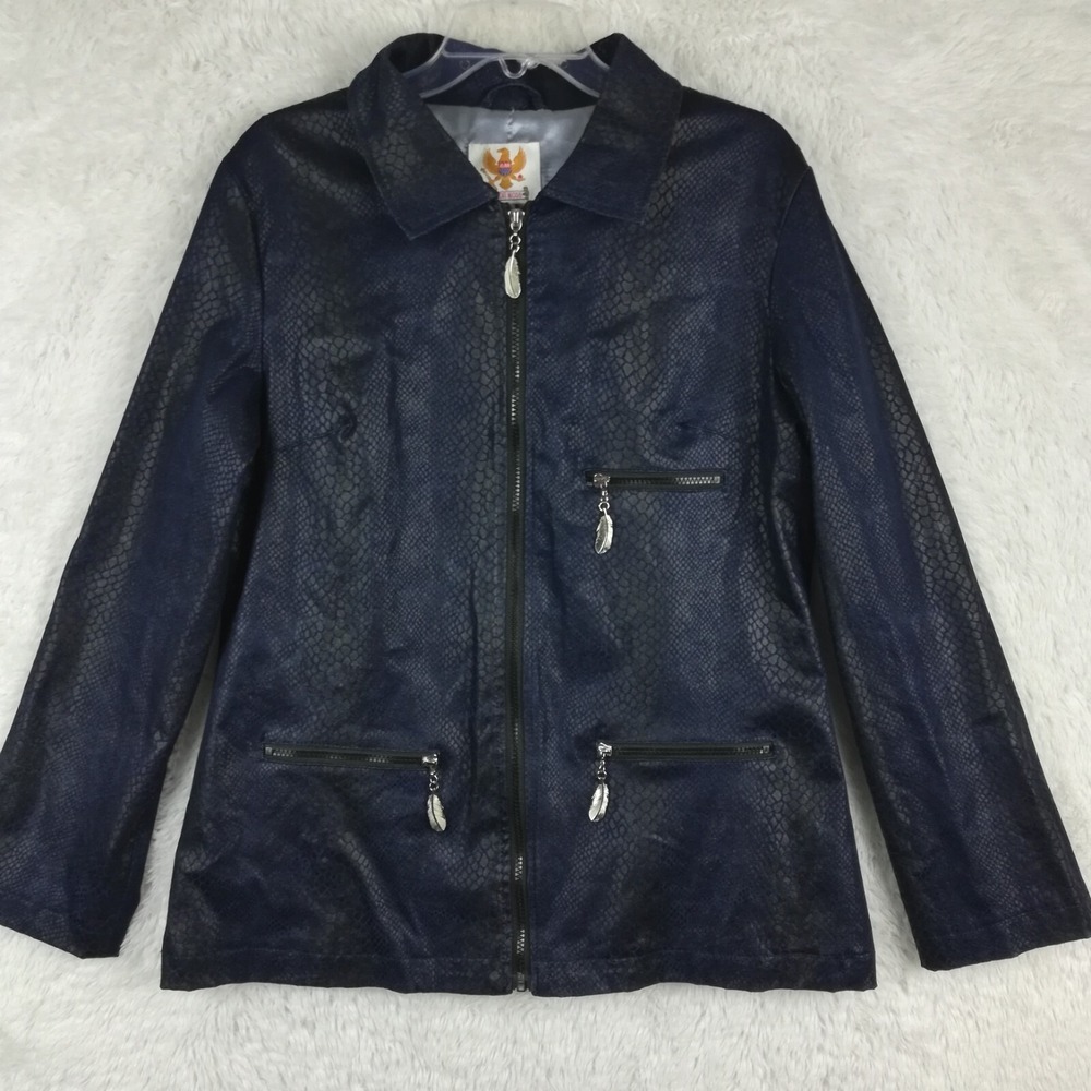 Ameri Mode Womens Jacket Snakeskin Blue Black Zip Front Lined Collar L